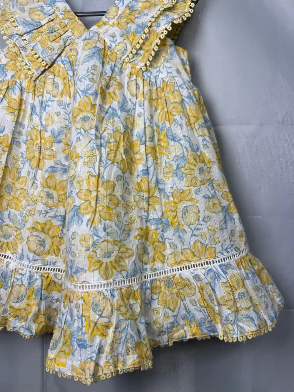 Sincerely Jules white yellow blue floral print ruffle dress with gold accents